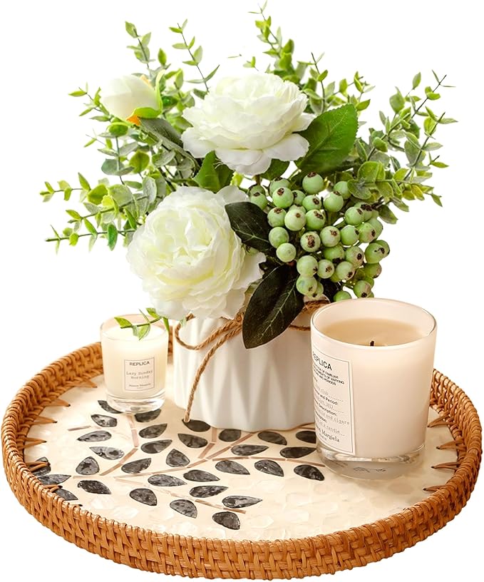 Round Rattan Tray with Mother of Pearl Inlay & Wooden Base - Decorative Wicker Serving Tray for Coffee/Bread/Fruits, Food Storage & Display - Multipurpose Home Decor (M,Little Tree)-Ruum Studio Home