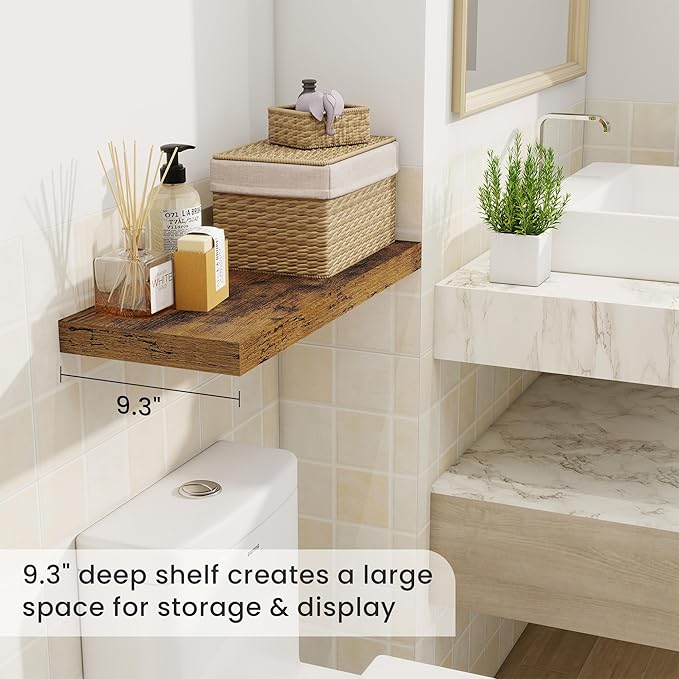 Fun Memories 24 Inch Floating Shelves for Wall, 9 Inch Deep Brown Rustic Wood Wall Mounted Shelves for Bathroom, Kitchen, Living Room, Set of 2-Ruum Studio Home