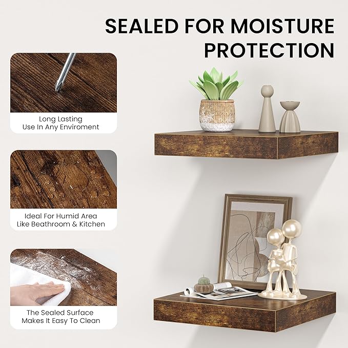 Square Floating Shelves for Wall, 10"W x 10"D x 1.2"H, Small Wooden Wall Mounted Display Shelf with Invisible Brackets for Living Room, Bedroom, Bathroom, Kitchen Decor, Set of 4, Rustic Brown-Ruum Studio Home