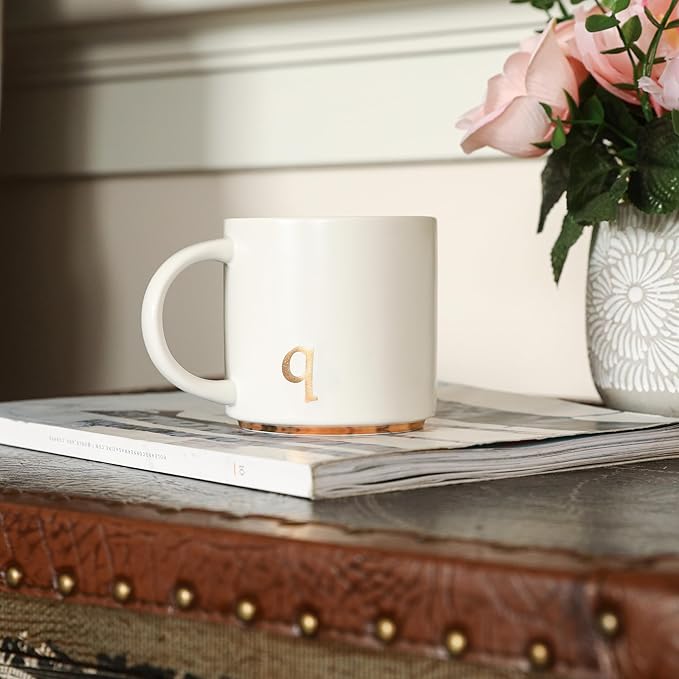 COLLECTIVE HOME - Monogram Ceramic Mugs, 15 oz Golden Initial Coffee Cups, Elegant Alphabet Tea Mugs, Elegant Personalized Mug with Gift Box, Luxurious Cups for Office and Home (q)-Ruum Studio Home