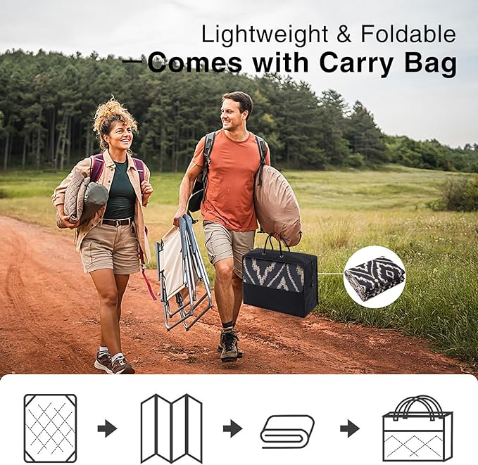 OLANLY Outdoor Rug 5x8 ft Waterproof, Outdoor Plastic Straw Rug with Geometric Pattern Clearance, Reversible RV Mat for Patio, Camping, Balcony, Deck, Backyard, Black & Beige-Ruum Studio Home