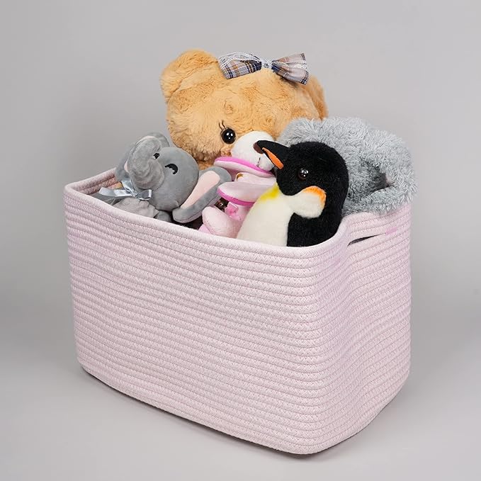 Cotton Rope storage Basket Bins Woven Basket for Organizing Shelves Rectangle Decorative Baskets For storage Clothes Toys Books Towels Square Wicker Nursery basket organizer 3 pack light pink-Ruum Studio Home
