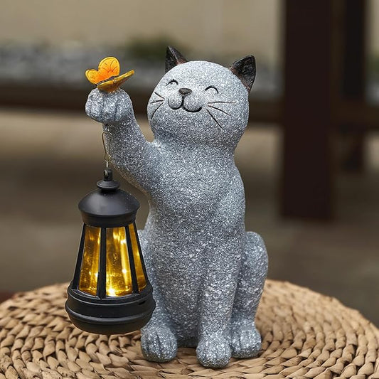 Solar Cat Garden Statue Outdoor Decor, Cat Sculpture with Lantern and Butterfly for Yard Lawn Patio Balcony, Birthday Housewarming Gifts for Mom, Grandma, Women, 9.4 inch, Resin-Ruum Studio Home