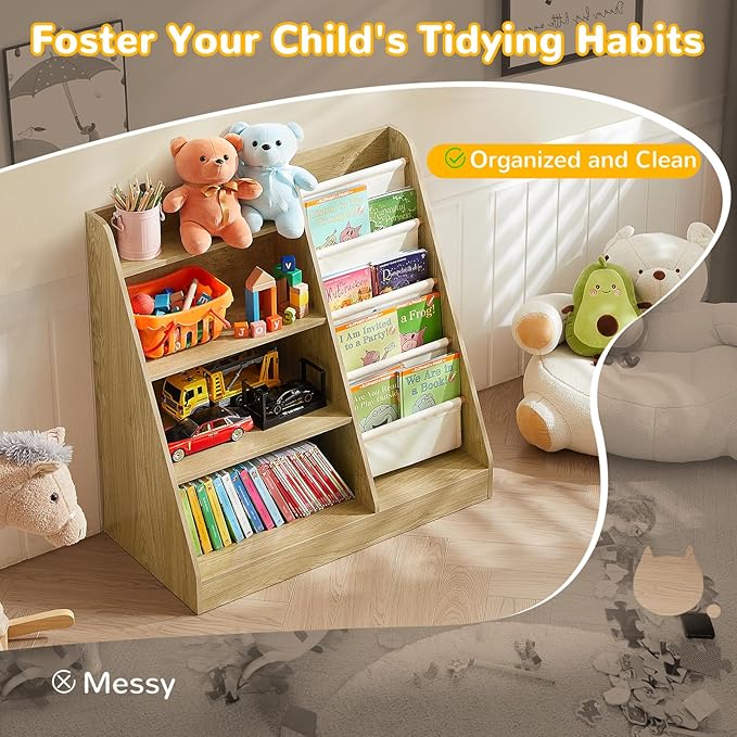 Kids Bookshelf, 4-Tier Kids Wooden Bookshelf with Toy Storage Montessori Toy Shelf, 32”L x 16”D x 32”H Nursery Bookshelves Childrens Bookcase Baby Toddler Book Shelf for Kids Rooms Clearance-Ruum Studio Home