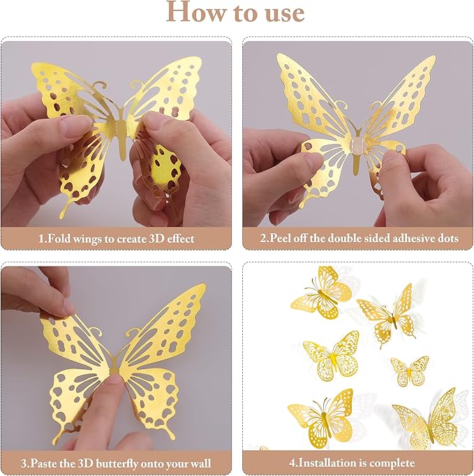 SAOROPEB 3D Butterfly Wall Decor - 48 Pcs, 4 Styles, 3 Sizes, Gold Butterfly Decorations for Birthday & Party Celebrations, Removable Stickers-Ruum Studio Home