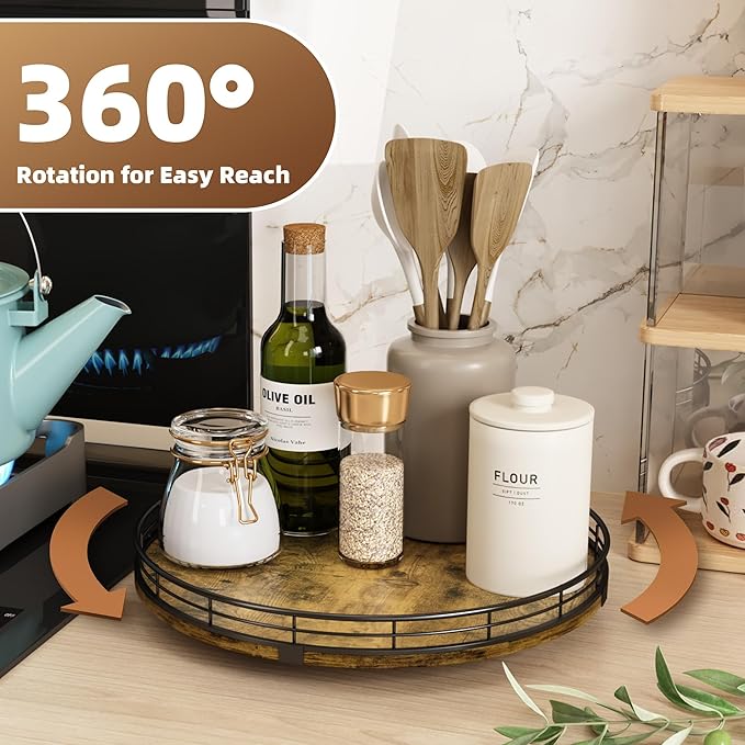 Lazy Susan Turntable Organizer for Table Top, 12’’ Round Wooden Lazy Susan for Cabinet Kitchen Countertop Pantry Dining Coffee Table for Condiments Spices, Rustic Bathroom Vanity Tray for Soap Candle-Ruum Studio Home