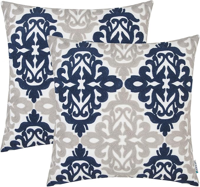 HWY 50 Navy Blue Decorative Throw Pillow Covers 18x18 Inch, Pack of 2 Embroidered Cotton Farmhouse Cushion Cover Pillow Case for Sofa Couch Living Room Bed Bedroon, Accent Geometric-Ruum Studio Home