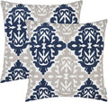 HWY 50 Navy Blue Decorative Throw Pillow Covers 18x18 Inch, Pack of 2 Embroidered Cotton Farmhouse Cushion Cover Pillow Case for Sofa Couch Living Room Bed Bedroon, Accent Geometric-Ruum Studio Home