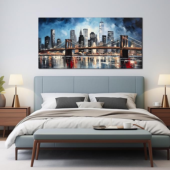 Brooklyn Bridge Wall Art for Bedroom,Modern City Large Canvas Wall Art Living Room,Blue Home Office Decor 29 x 59 Inch-Ruum Studio Home