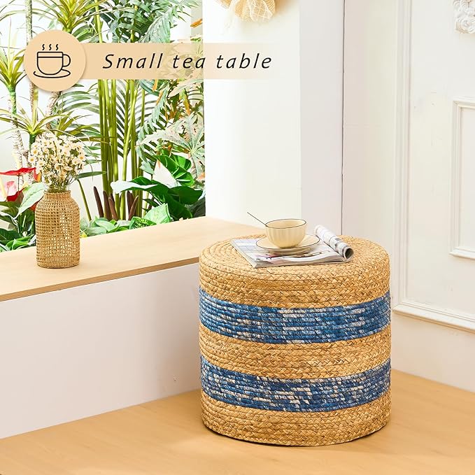 Handwoven Ottoman Pouf, Natural Water Hyacinth Footstool, Round Braided Outdoor Seat with Sturdy Frame, Boho Accent Stool for Patio, Balcony, or Garden (Blue)-Ruum Studio Home