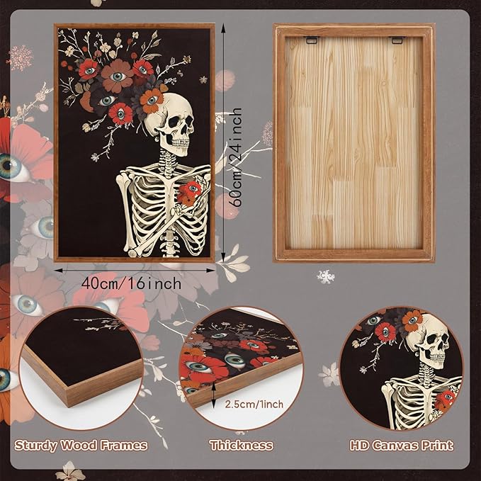 KAIRNE Gothic Skull Wall Art,Halloween Skeleton Canvas Set of 3(16”x24”),Scary Skull Painting,Horror Floral Botanical Prints,Romantic Spooky Halloween Wall Art for Living Room Bedroom Goth Party Decor-Ruum Studio Home