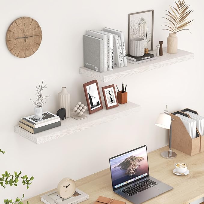 Fun Memories Rustic Wood Floating Shelves for Wall, 36 x 9 Wall Shelves Set of 2, Deep Floating Shelf for Kitchen, Living Room Storage & Display, Deep Wooden Bookshelf, Brich Color-Ruum Studio Home
