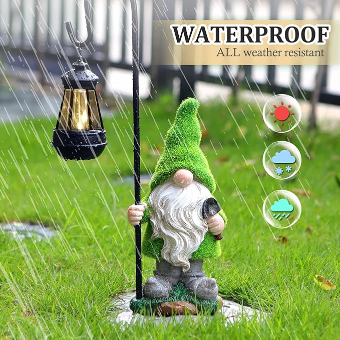 Flocked Solar Garden Gnomes Outdoor Statues 15.8”Outdoor Garden Decor LED Outdoor Decor Light Unique Housewarming Gifts Yard Art Sculptures for Patio Lawn Ornaments-Ruum Studio Home