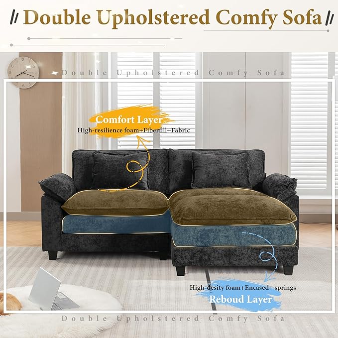 URRED Modular Sectional Sofa Comfy Cloud Couch, Modern Chenille Sofa Sleeper Deep Seat Couches with Ottoman/Pillows for Living Room (Black, 82.6''- L Shape)-Ruum Studio Home