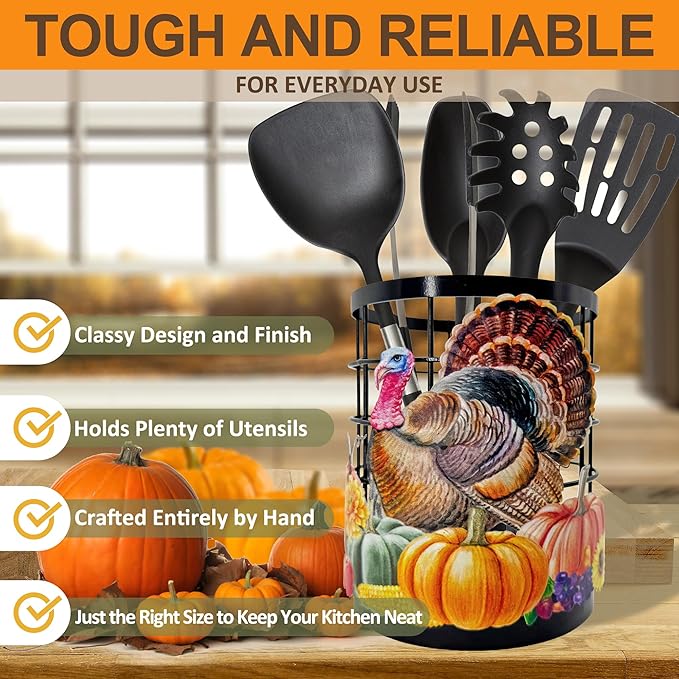 Thanksgiving Turkey Utensil Holder, Thanksgiving Turkey Pumpkin Kitchen Decor Utensil Organizer for Countertop, Fall Metal Cooking Tools Farmhouse Counter Decor, Kitchen Gifts Utensil Caddy Harvest-Ruum Studio Home