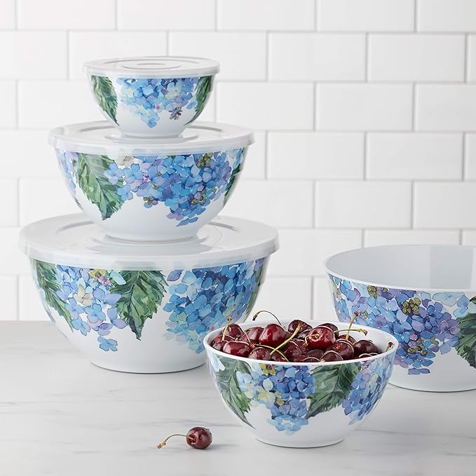 Amazon Basics Nesting Melamine Mixing Bowl With Lid And Non-Slip Base, 5 Sizes, Set Of 10, Hydrangea Floral, 3 15/16",7 9/16",8 7/8",10",11 1/4"-Ruum Studio Home
