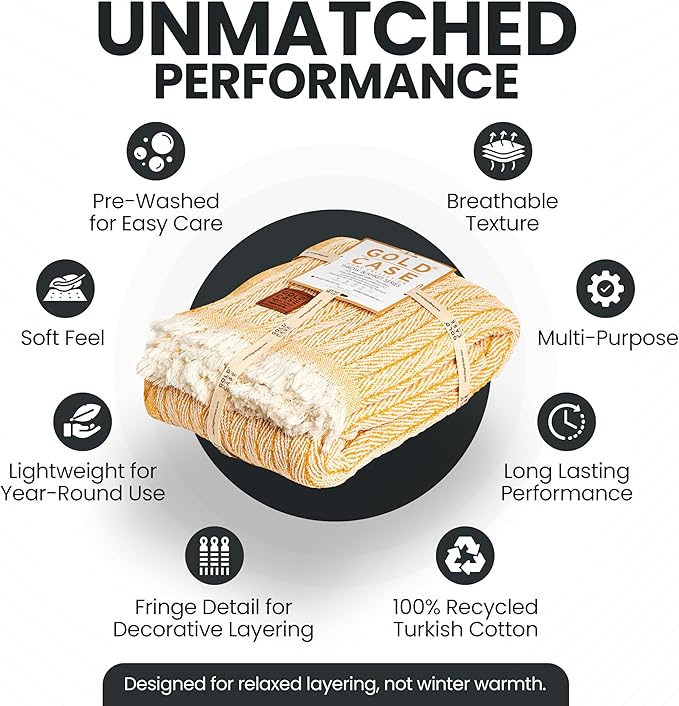 Gold Case Throw Blanket for Couch – 100% Recycled Turkish Cotton Blankets & Throws – Elegant Decorative Throw Blankets for Living Room Sofa – Woven Throws for Couch – Vintage Mustard – 50x60-Ruum Studio Home