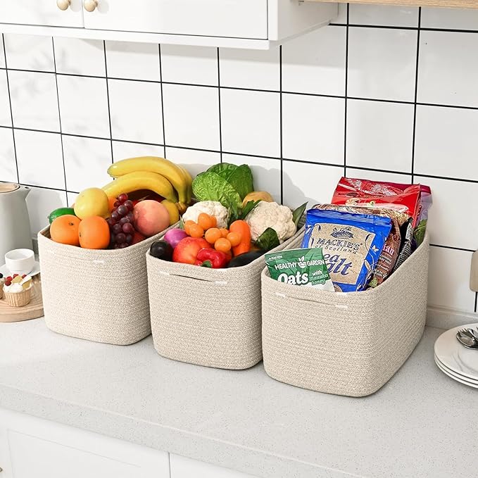 3-Pack Shelf Baskets for Organizing, Woven Storage Basket for Shelves, Cotton Rope Storage Bins for Toys Books, Nursery Towel Baskets for Classroom, 14.96"X9.8"X8.85", Brown-Ruum Studio Home