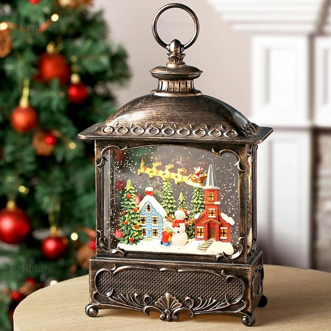 Christmas Snow Globe Lantern Christmas Decorations Gifts Snowman Santa Claus Church Village Scene Musical Glitter Snowfall USB/Battery Timer 12 inch-Ruum Studio Home