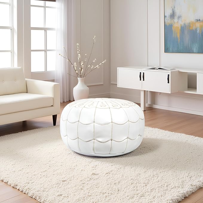 Stuffed Arch Design Moroccan Leather Pouf Ottoman, Handmade, Pre-Filled, 100% Genuine Leather, 14” Height x 22” Diameter – Boho Chic Footstool & Living Room Décor-Ruum Studio Home