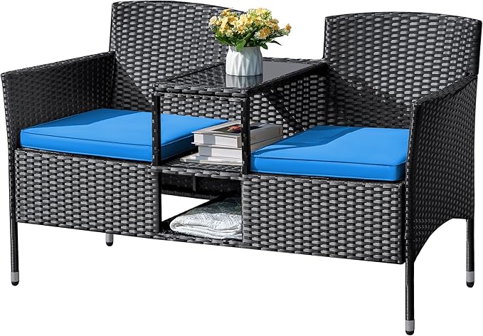 Flamaker Outdoor Furniture Patio Loveseat Wicker 2-Seat with Built-in Table and Cushions Rattan Porch Chairs Bench for Balcony, Lawn, Backyard (Blue)-Ruum Studio Home