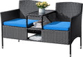 Flamaker Outdoor Furniture Patio Loveseat Wicker 2-Seat with Built-in Table and Cushions Rattan Porch Chairs Bench for Balcony, Lawn, Backyard (Blue)-Ruum Studio Home