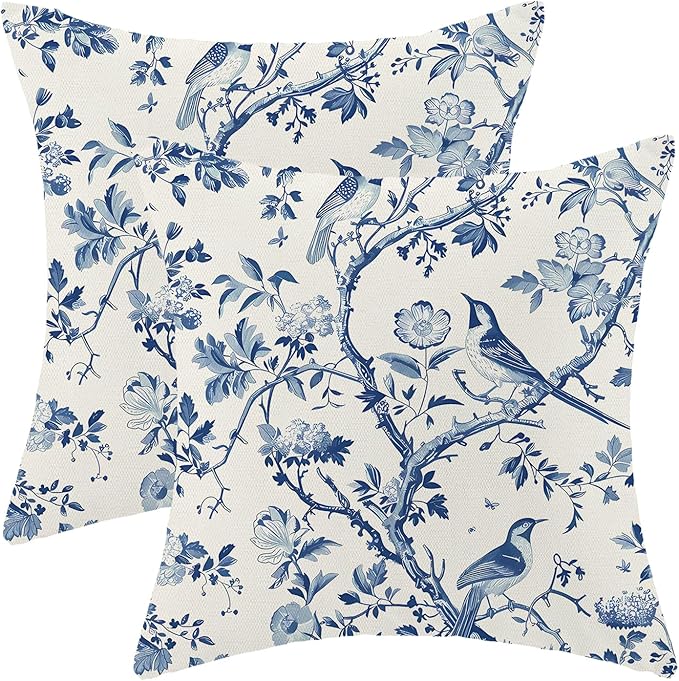CXMEIFLY Spring Floral Pillow Covers 18 x 18 Inch Set of 2 for Navy Blue Chinoiserie Flowers Bird Decor Throw Pillows Vintage Plant Outdoor Decorative Cushion Cases for Couch Bed Decorations-Ruum Studio Home