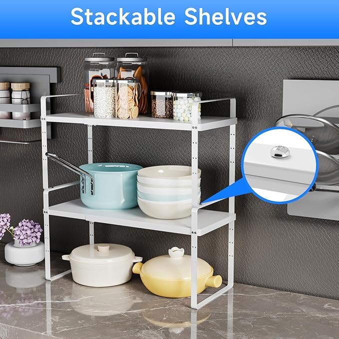 Expandable Cabinet Shelf Organizer, Stackable Kitchen Pantry Counter Storage, Adjustable Closet Cupboard Stand Rack Risers Spice Organization 80LBS Heavy Duty White 3 Pack-Ruum Studio Home