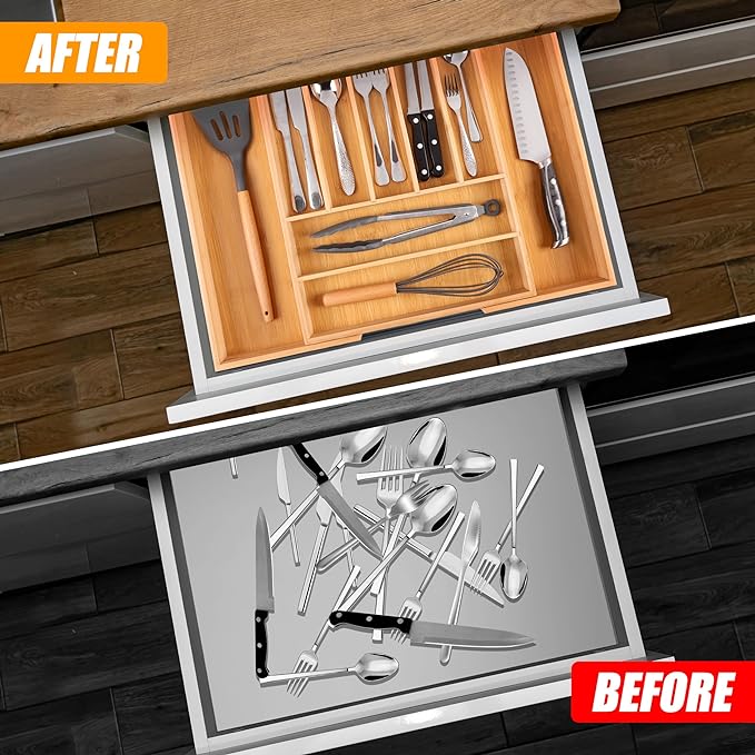 Bellsal Large Premium Bamboo Silverware Organizer - Expandable Utensil Drawer Organizer - 17"x19.6" Utensil Holder and Cutlery Tray with Grooved for Kitchen Flatware and Utensils Mother's Day Gift-Ruum Studio Home