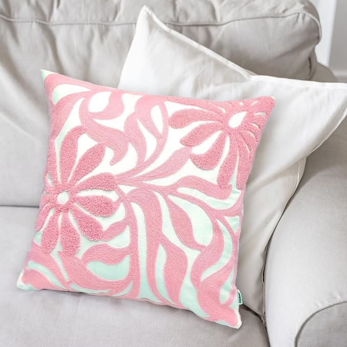 Alysheer Farmhouse Floral Leaves Embroidered Decorative Throw Pillow Cover 18x18 inches, Boho Tufted Flowers Embroidery Pattern Chic Cotton Cushion Case for Couch Bed Sofa Living Room(Light Pink)-Ruum Studio Home