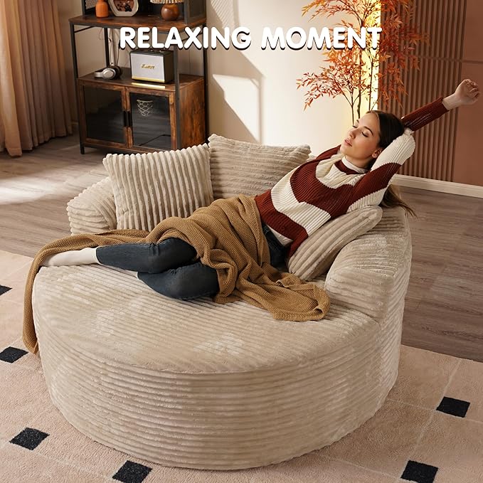 ovios 58" Oversized Round Chair Lounge Chaise Indoor, No Assembly Required, Cloud Large Circle Chair with Plush Fuax Fur, Fluffy Modern Sleeper Sofa Bed for Reading Yoga, Beige (Plush Corduroy Fabric)-Ruum Studio Home