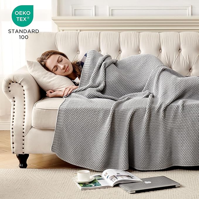 Joydeco Chunky Cable Knit Throw Blanket, Lightweight 100% Cotton Soft Cozy Throw Twin Blanket for Couch Bed and Sofa, Rustic Breathable Farmhouse Blanket Gift for Women Men(Grey, 60"x80")-Ruum Studio Home