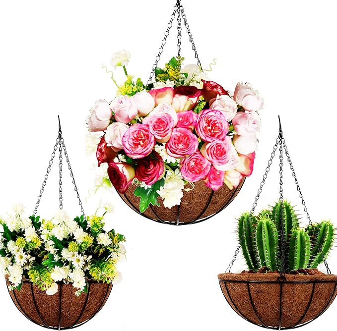 4 Pack 10 inch Metal Hanging Planters Basket with Coco Coir Liner Outdoor-Hanging Baskets for Plants Outdoor,Metal Wire Baskets with Window Box Planters, Hanging Flower Pots for Railings-Ruum Studio Home