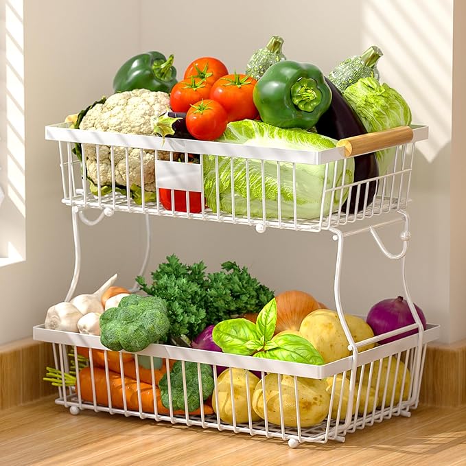 2 Tier Fruit Basket for Kitchen Counter with 2 Banana Hangers, Countertop Metal Fruit Bowl with Wooden Handle, Large Storage Stand for Vegetables, Snacks, Breads, Produce Storage – White-Ruum Studio Home