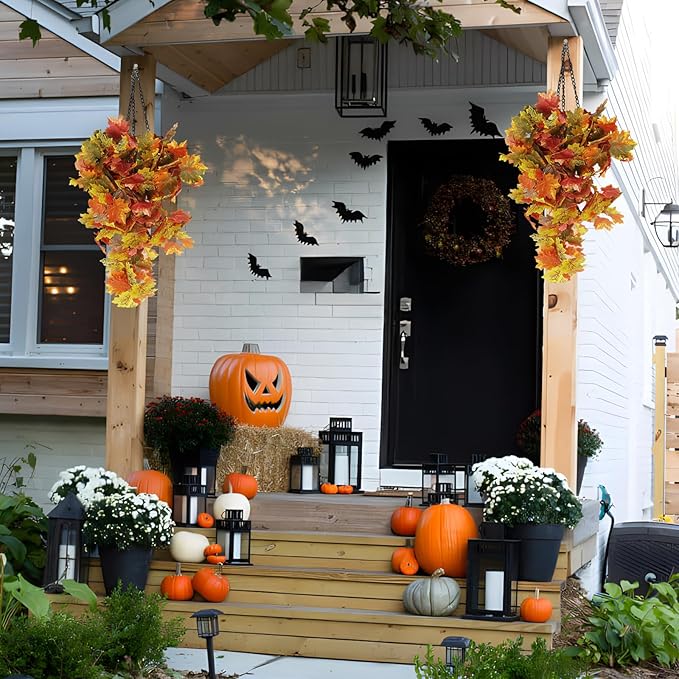 RECUTMS 2pcs Artificial Hanging Maple Leaves Plants Fake Fall Vines Plants Faux Autumn Hanging Fall Artificial Mums for Indoor Outdoor Thanksgiving Party Wedding Home Wall Door Decor(Green Yellow)-Ruum Studio Home