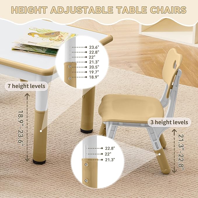 Kids Study Table and Chairs Set, Height Adjustable Toddler Table and Chair Set for Kids Ages 3-8, Graffiti Desktop (Light Brown)-Ruum Studio Home