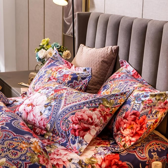 ABREEZE Colorful Floral Duvet Cover Queen 100% Cotton Flower Duvet Cover 3 Piece Set 1 Multi-Colored Damask Paisley Duvet Cover with Zipper Ties 2 Pillowcases Luxury Soft Peony Print Bedding Set-Ruum Studio Home