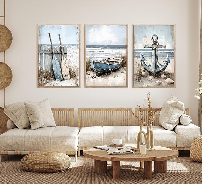 3Pcs Nautical Beach Wall Art Sailboat Paddle and Anchor Paintings Pictures Wall Decor Nautical Coastal Posters Prints Artwork for Living Room Bedroom Home Office Corridor Home Decroation Unframed-Ruum Studio Home