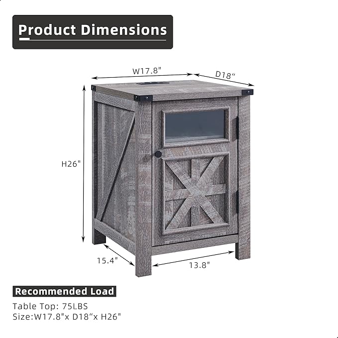JXQTLINGMU Farmhouse End Table with Charging Station, 18'' Rustic Nightstand with Barn Door & Adjustable Shelf, Wooden Sofa Side Table with 3-Tier Storage for Living Room, Bedroom, Gray-Ruum Studio Home