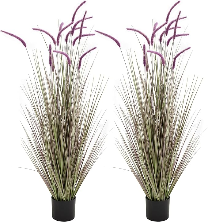 KOL Artificial 5ft 2-Pack Horsetail Reed Grass, 59in Tall Artificial Indoor Outdoor Fake Grass Plant, Home Office Décor Artificial Plants in Pot Faux Plant Greenery, Wedding Decor, Purple-Ruum Studio Home
