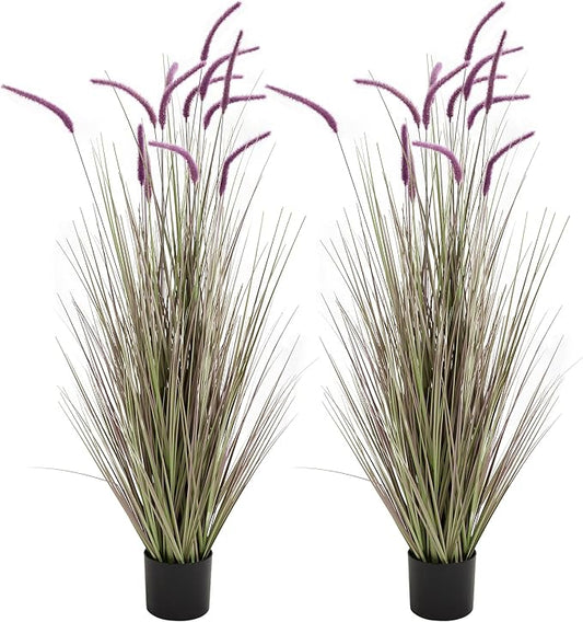 KOL Artificial 5ft 2-Pack Horsetail Reed Grass, 59in Tall Artificial Indoor Outdoor Fake Grass Plant, Home Office Décor Artificial Plants in Pot Faux Plant Greenery, Wedding Decor, Purple-Ruum Studio Home