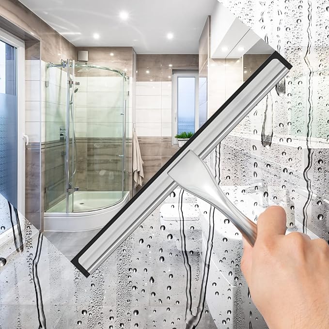 All-Purpose Stainless Steel Shower Squeegee for Shower Glass Door with 2 Adhesive Hooks, Bathroom Cleaner Tool Household Window Mirror Squeegee for Glass Doors, Cleaning Tile Wall, Car, 14 Inch Silver-Ruum Studio Home