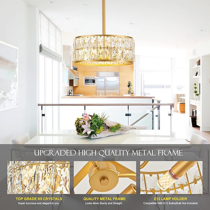 12” 3-Light Modern Crystal Chandeliers Gold Dinning Room Light Fixture, Round Pendant Light Kitchen Island Chandelier, Flush Mount Ceiling Light for Living Room Entryway Bedroom Foyer-Ruum Studio Home