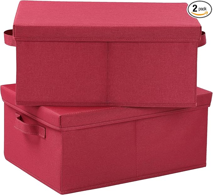 HOONEX Storage Bins with Lids for Organizing, Pack of 2, Storage Boxes with 2 Carrying Handles and Sturdy Heavy Cardboard, 16.5" L x 11.8" W x 7.5" H for Shoes, Books, Clothes, Red-Ruum Studio Home