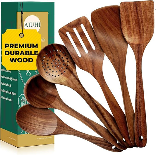 AIUHI Nonstick Natural Wooden Kitchen Utensils Set, Smooth Finish Teak Wood Spoons for Cooking, Comfortable Grip Spatula for Elaborate Cooking 6Pcs-Ruum Studio Home