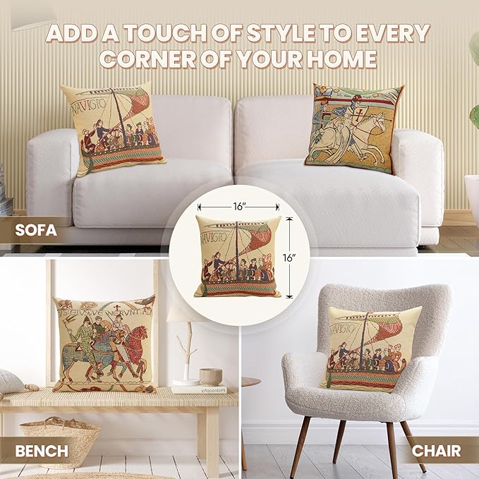 Charlotte Home Furnishings Bayeux Navigo Throw Pillow Cover 16" x 16" – Medieval Ship Decorative Tapestry Cushion Case for Sofa, Couch, & Bed | Cotton Jacquard Woven in Europe | Insert Not Included-Ruum Studio Home