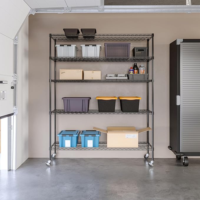 Seville Classics UltraDurable Heavy Duty NSF Solid Steel Wire Rack Storage Unit, Organizer for Garage, Warehouse, Office, Restaurant, Classroom, Kitchen, Black, 5-Tier Shelving, 60" W x 18" D-Ruum Studio Home
