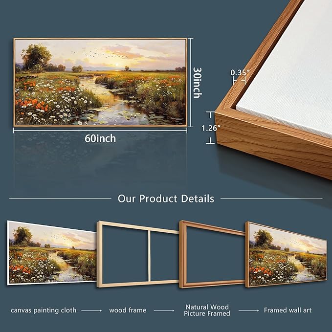 PHAOHUAXM Large Canvas Wall Art For Living Room Wall Decor For Bedroom Watercolour Painting Office Decoration Countryside Sunrise Scenery Wall Picture Home Decor Ready To Hang 30x60 In Wood Framed-Ruum Studio Home