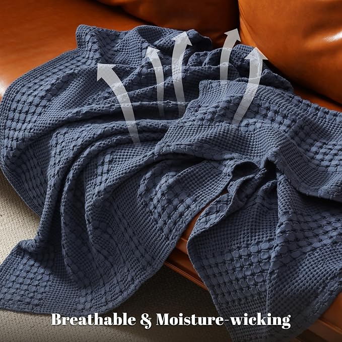 PHF 100% Cotton Waffle Weave Blanket Twin Size, Soft Lightweight Breathable Cozy Summer Blankets for Bed, Luxury Aesthetic Woven Bedding for Home Decor, 66"x90", Dark Navy-Ruum Studio Home