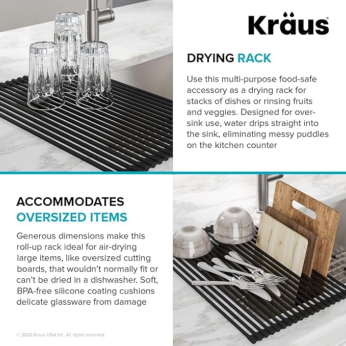 Kraus Multipurpose Over-Sink Roll-Up Dish Drying Rack, Colander and Trivet in Dark Grey, KRM-10DG-Ruum Studio Home